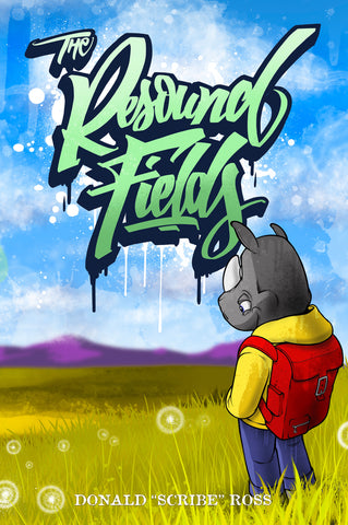 The Resound Fields cover art: Rumpus the rhino, wearing a yellow jacket and red backpack, looking off at purple mountains in the distance.