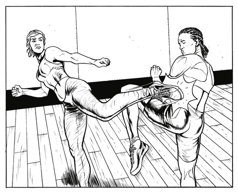 Martial artists sparring; art by Lee Oaks
