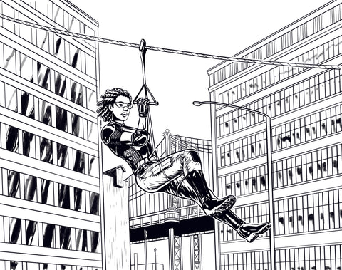 An Action-Hero on a zipline; art by Lee Oaks