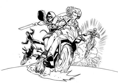 Motorcycle chase; art by Lee Oaks