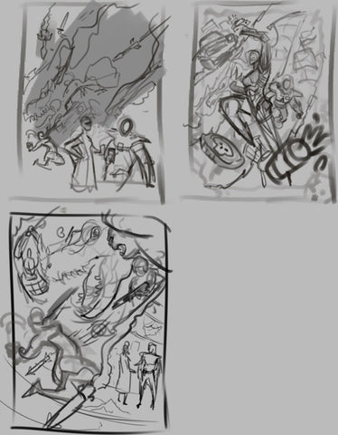 Thumbnails of initial sketches for Ladyhoppers cover