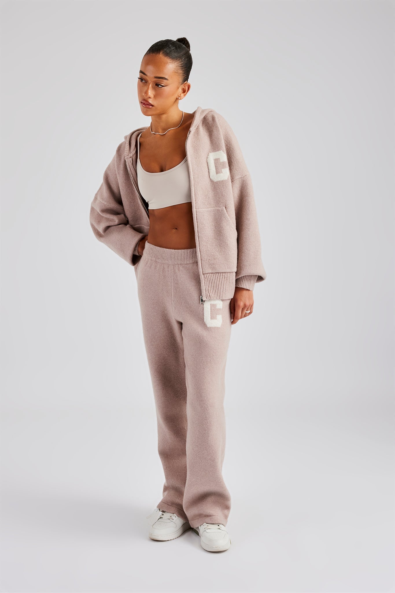 Hooded Zip Through Knitted Tracksuit - Pink - Cernucci US product image