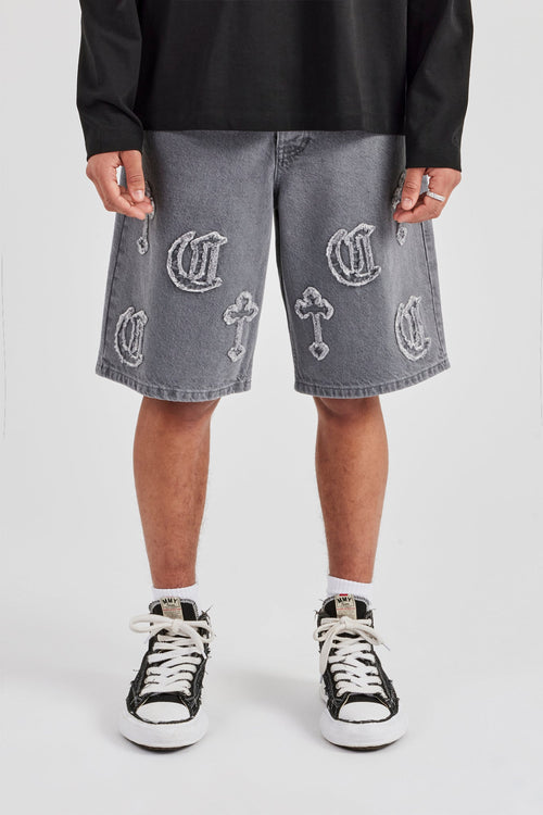 Raw Edge Applique Motif Jort - Washed Black