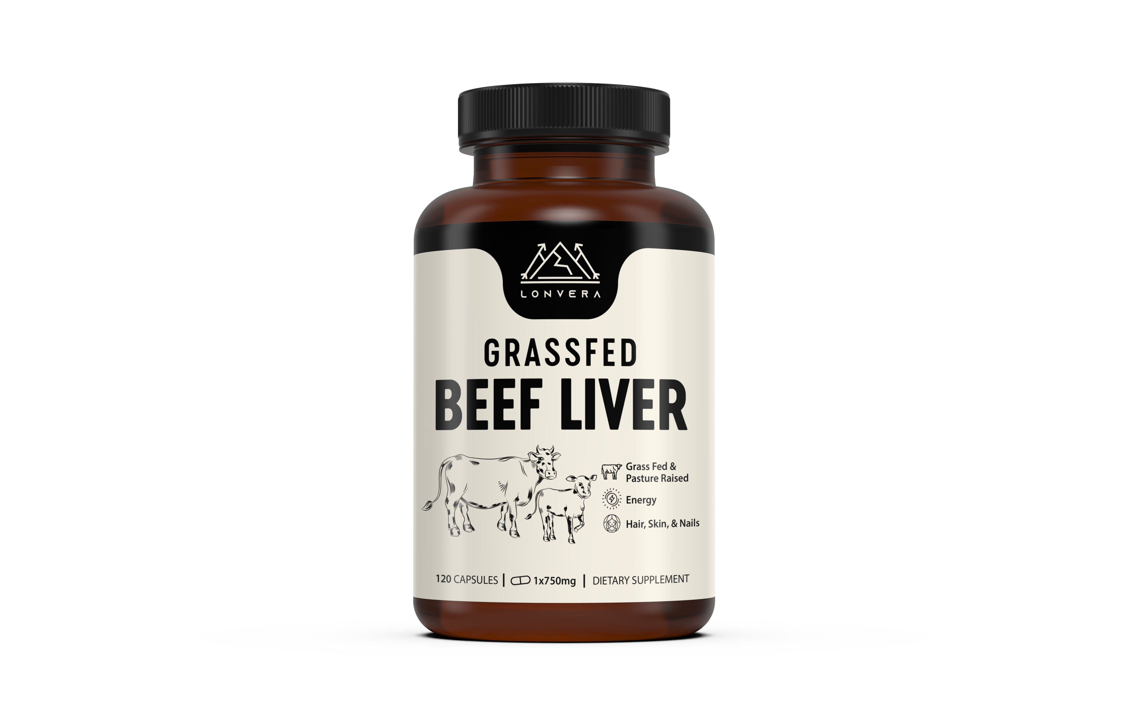 Bottle of grassfed beef liver supplement capsules.