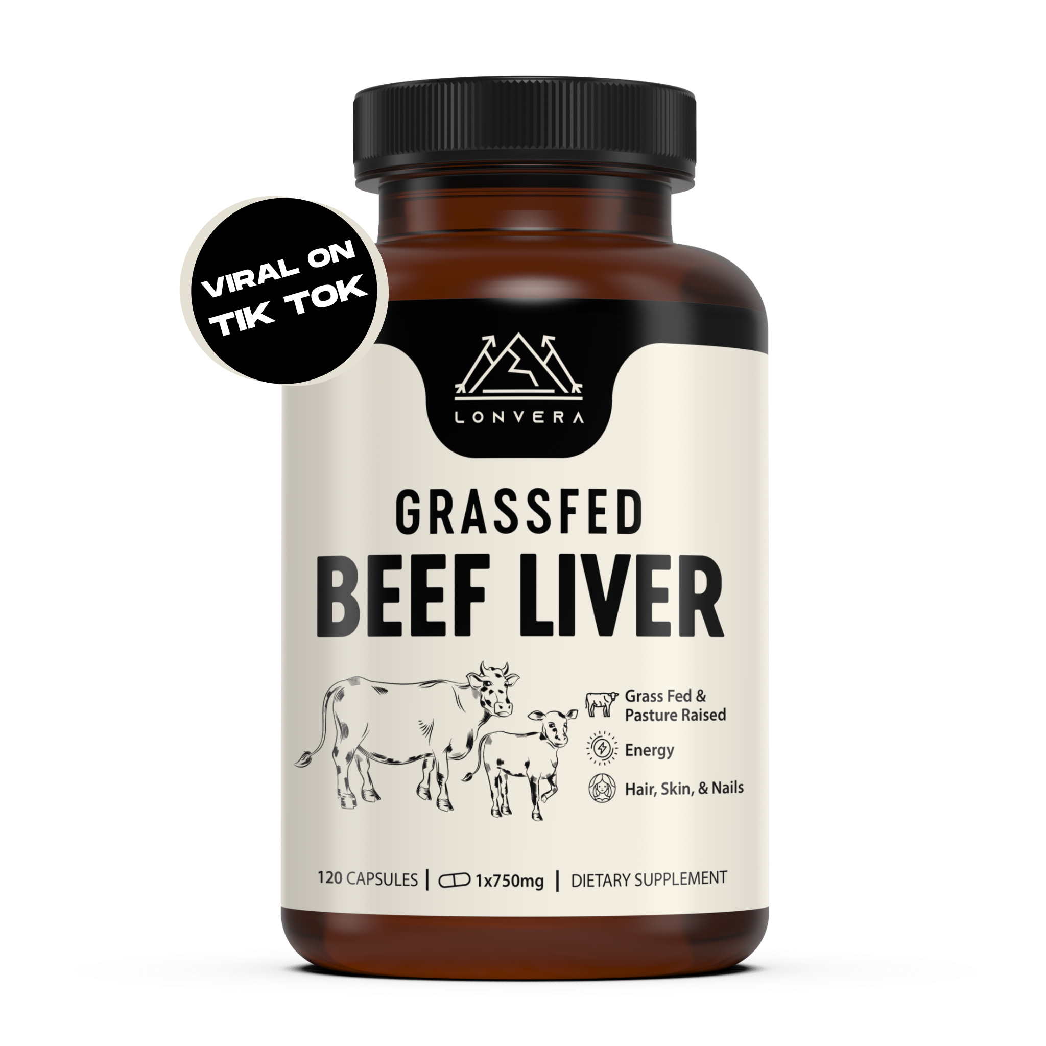 A bottle of grassfed beef liver dietary supplements labeled as 'Viral on TikTok.'