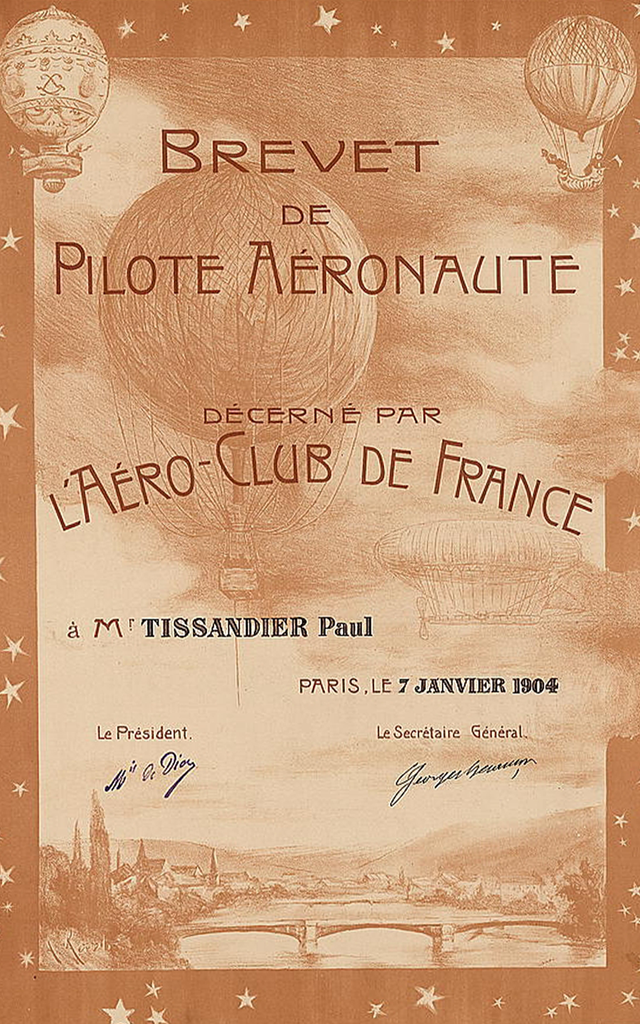 Licença de voô concedida a Paul Tissandier pelo Aéro-Club de France em 1904, na época chamado de brevet.