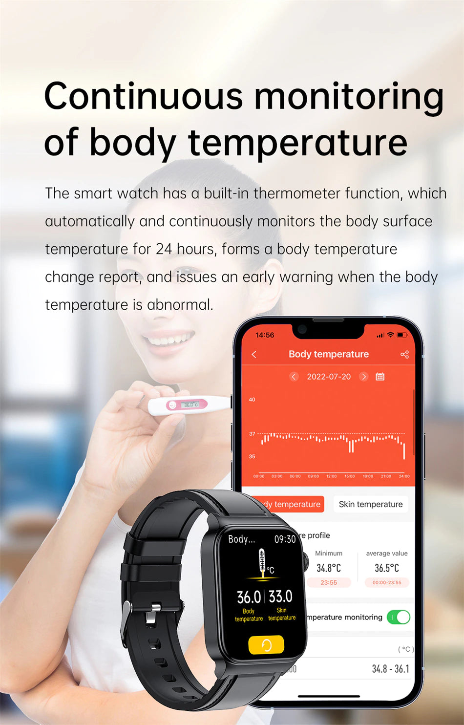 Smartwatch E500 con detección de glucosa en sangre, monitor de tensión y  O2. ECG con medición