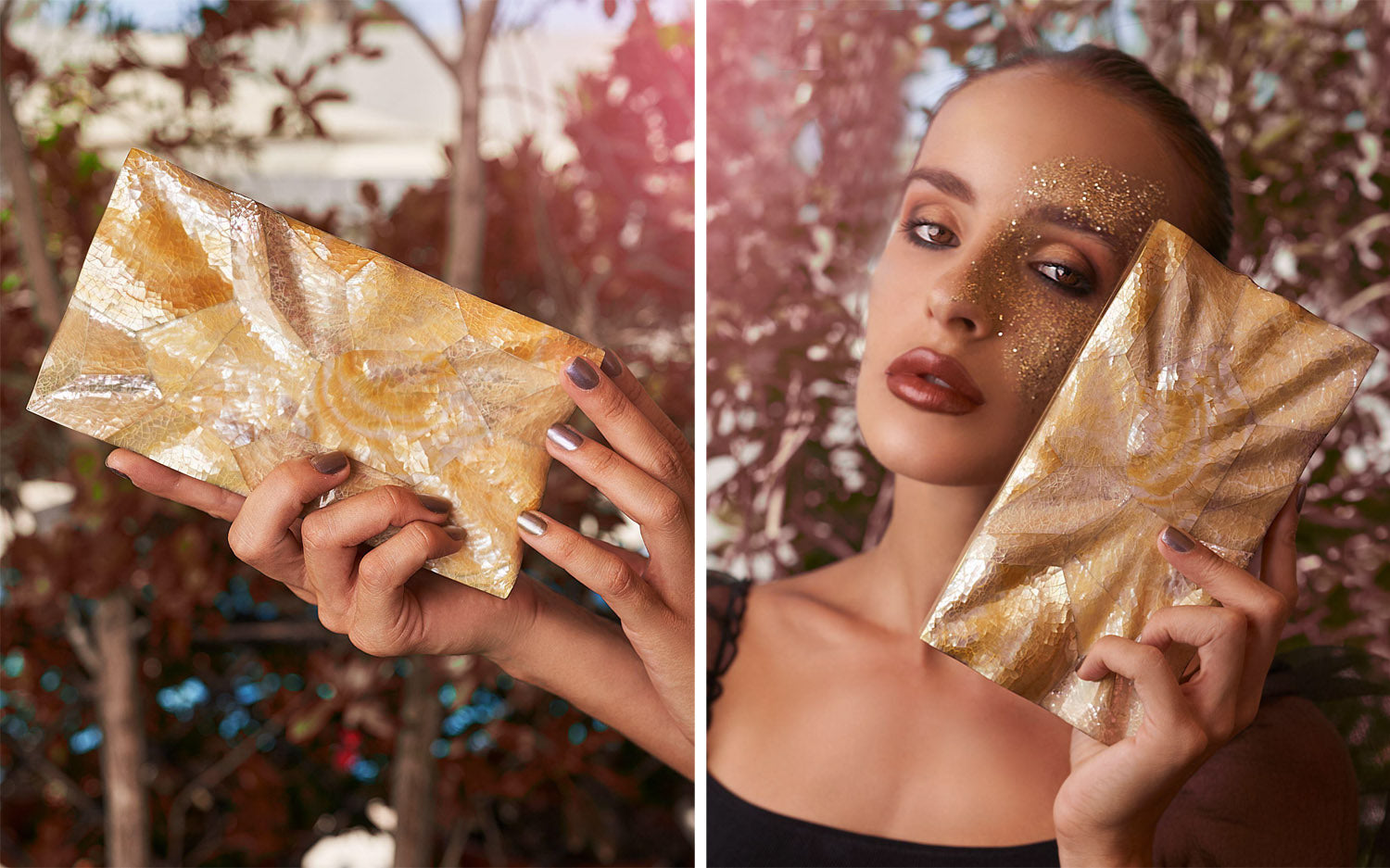 Mintsa Valentines Day Blog - Model holding gold bag