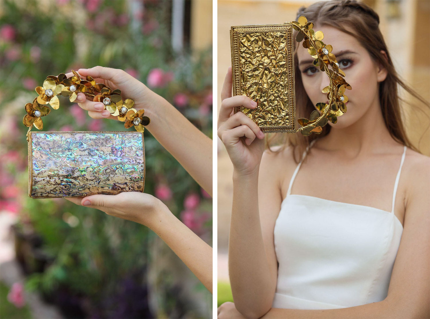 Model holding gold bag with iridescent detail.  