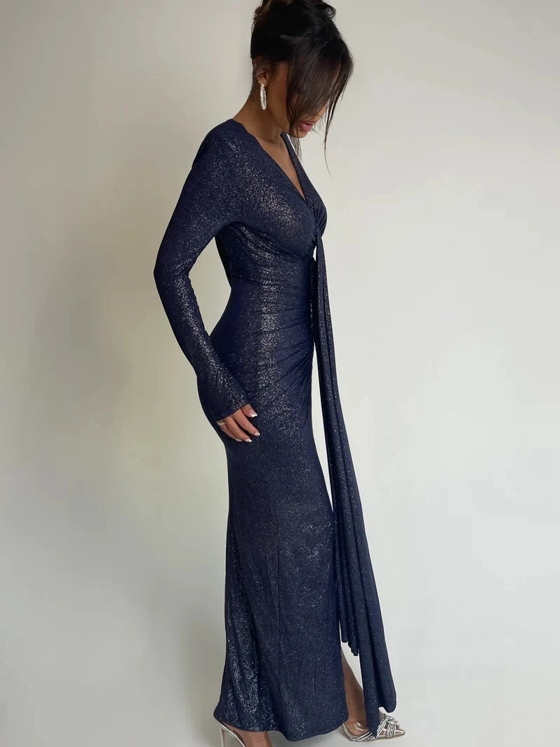 Womens V-Neck Long Sleeve Maxi Evening Dress Bodycon Clubwear - Image 2