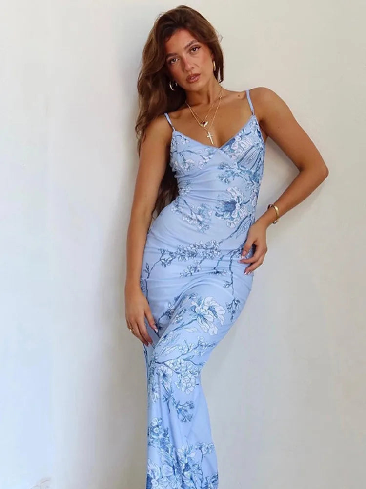 Summer Women's Sleeveless Printed Satin Long Skirt Strap Dress - Image 6
