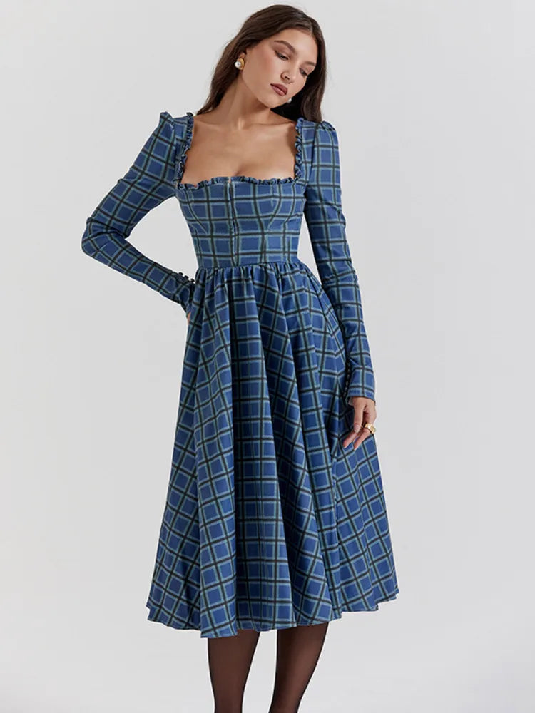 Women's Floral Print Long Sleeve Square Neck Winter Dress