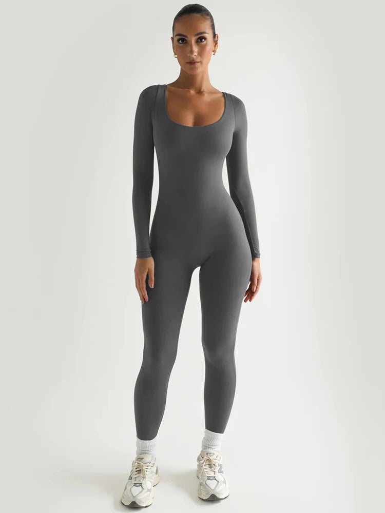 Square Neck Long Sleeve Zipper Women Jumpsuit High Waist Romper - Image 9