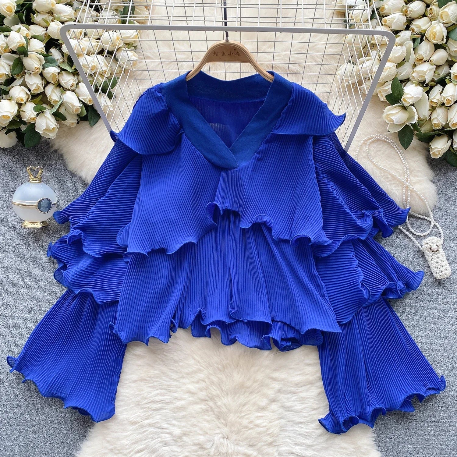 V Neck Ruffles Flounced Edge Fashion Blouse Women - Image 5