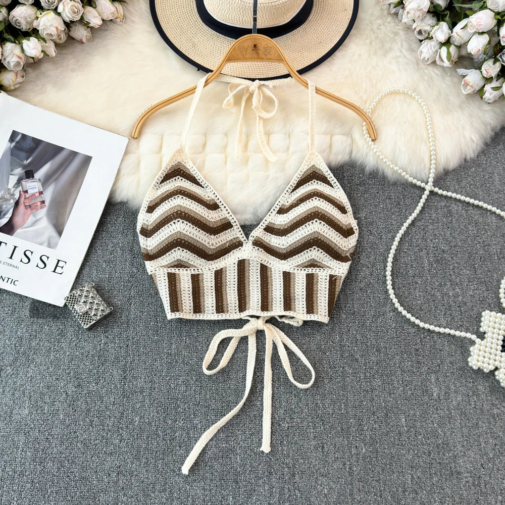Knitted Striped Halter Camisole with Exposed Shoulders for Summer - Image 7