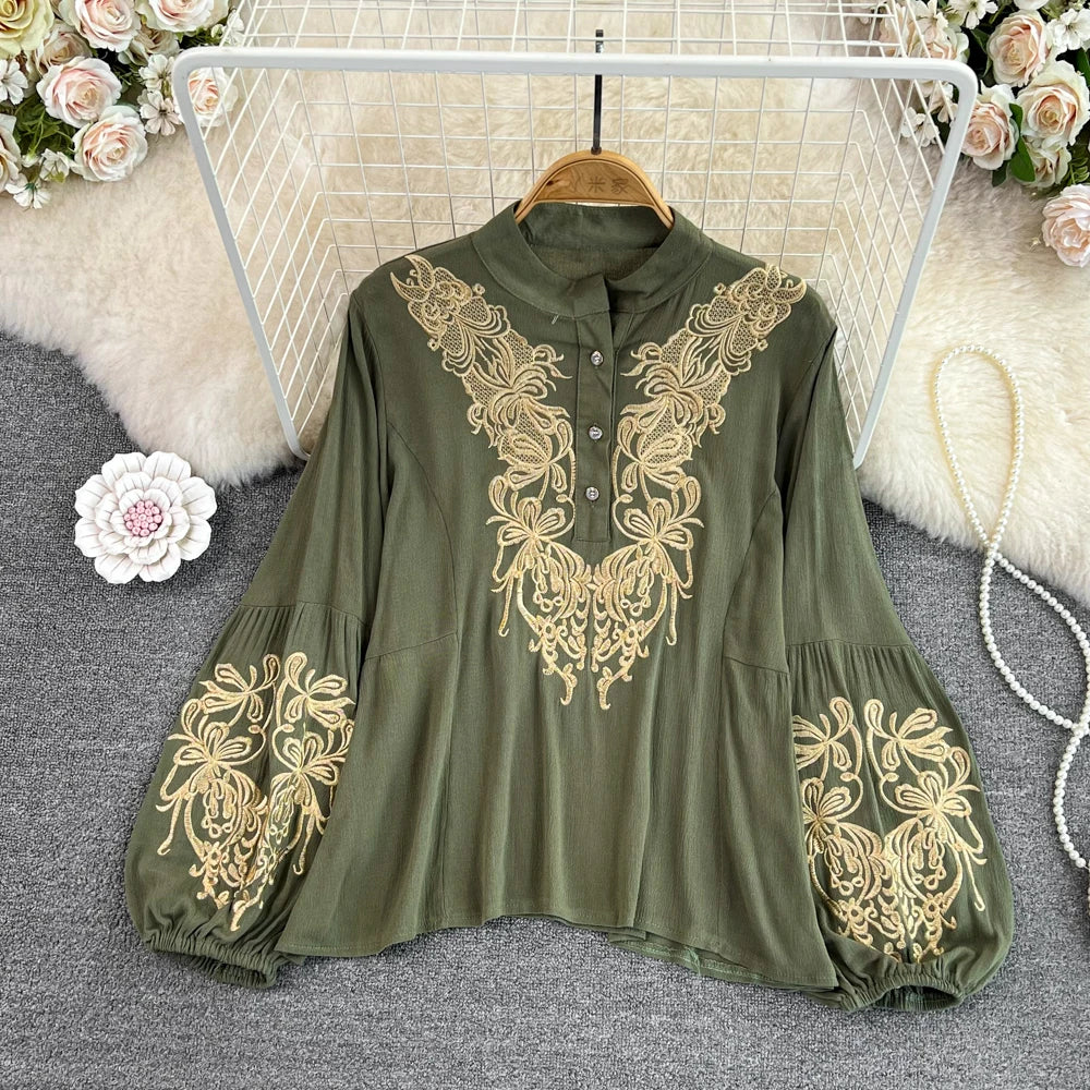 Women's Embroidered Lantern Sleeve Blouse - Casual Loose Fit Top - Image 7