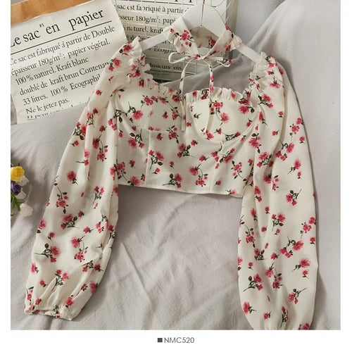 Square Collar Chic Printing Blouse for Women, Casual Lantern Sleeve - Image 2