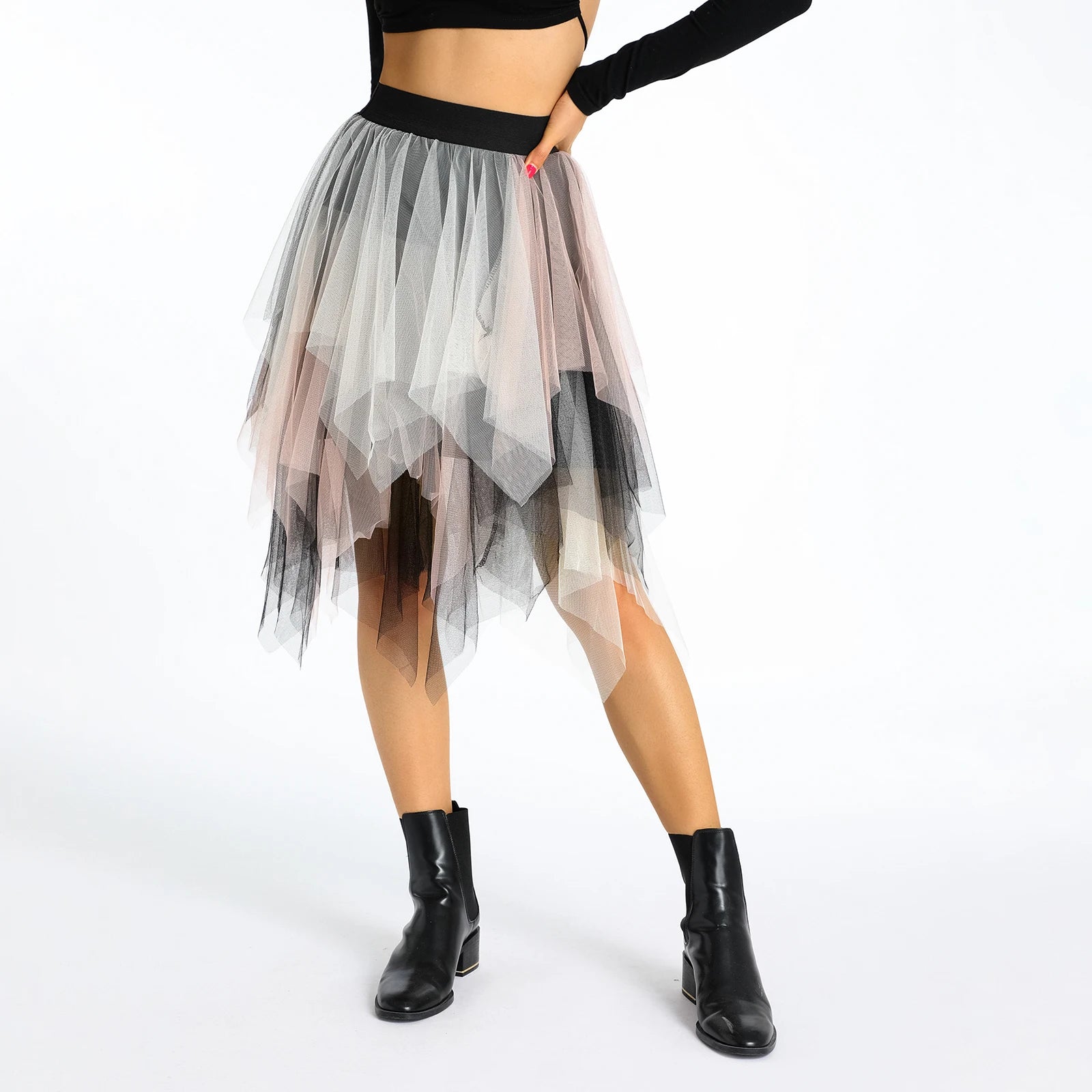 Elastic Waist Contrast Color Tulle Ruffle Midi Skirt Street Party