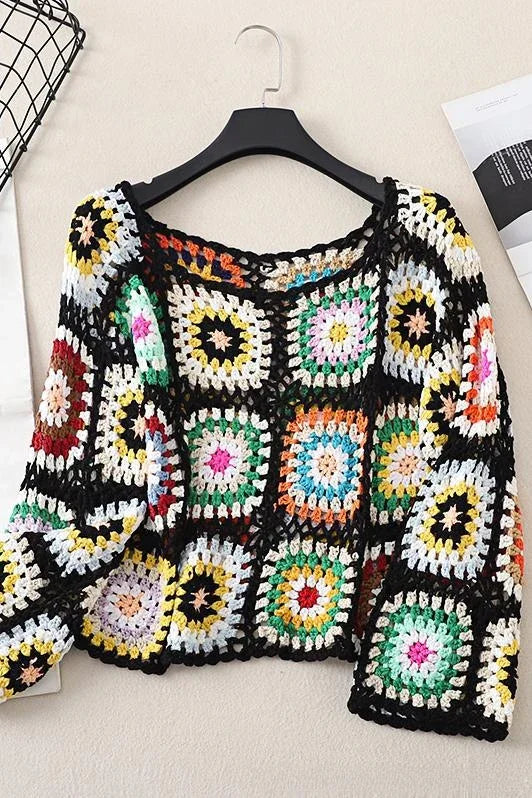Women's O-Neck Knit Top with Floral Crochet Design - Image 3