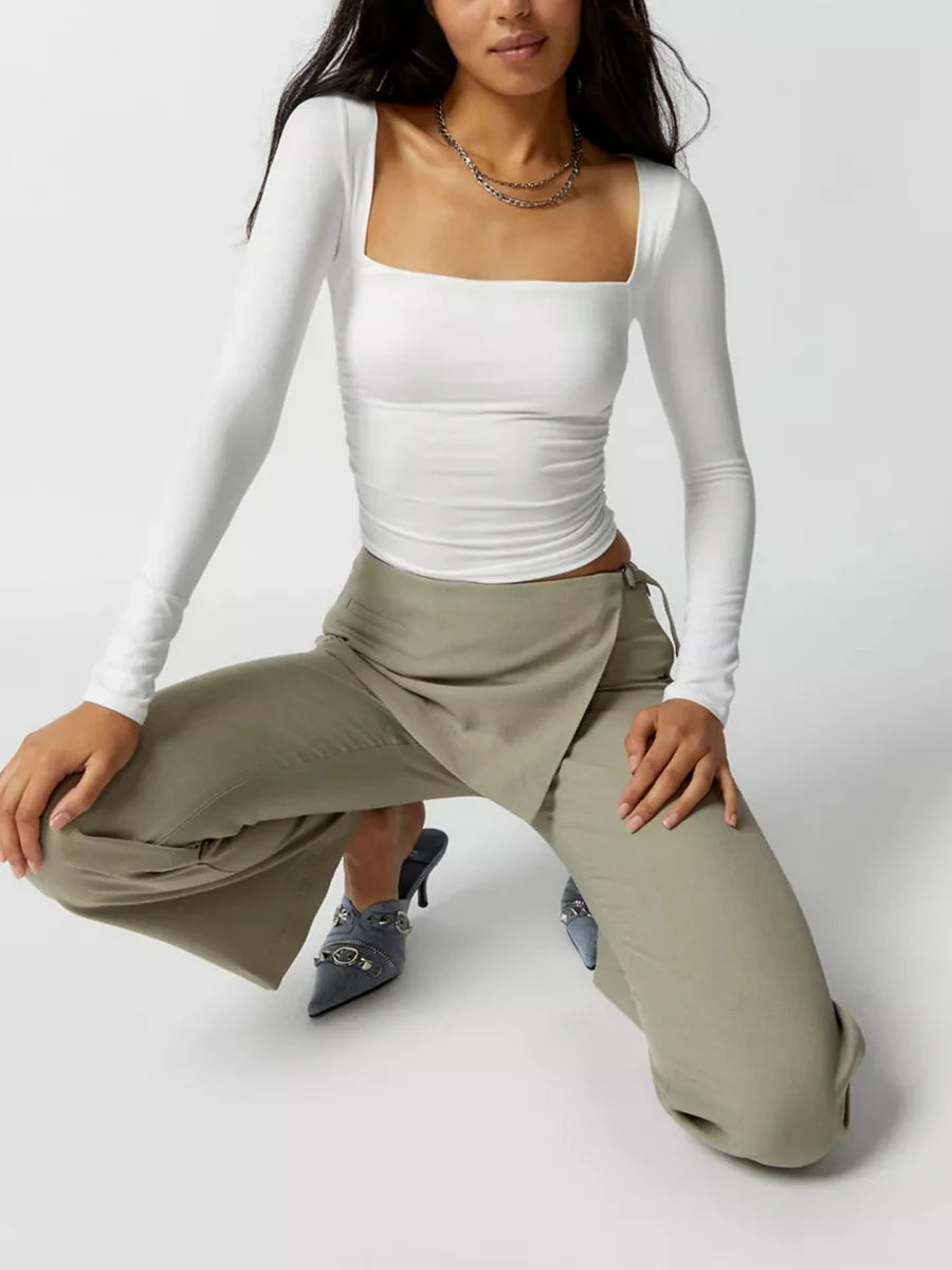 Solid Color Square Neck Long Sleeve Cropped Tops Streetwear - Image 8