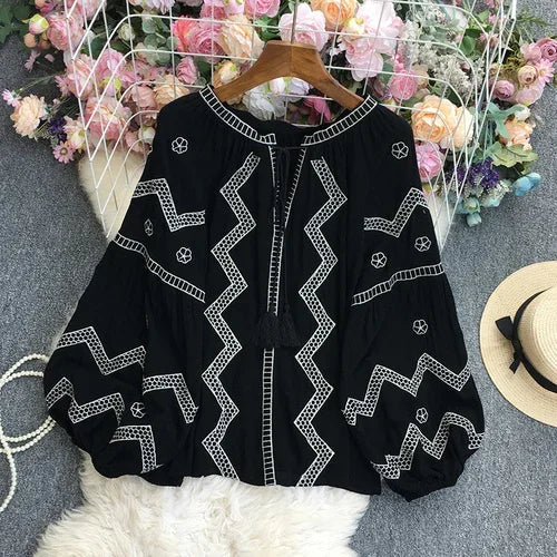 Women's Striped Embroidered Lantern Sleeve Blouse with O-Neck Strap - Image 10