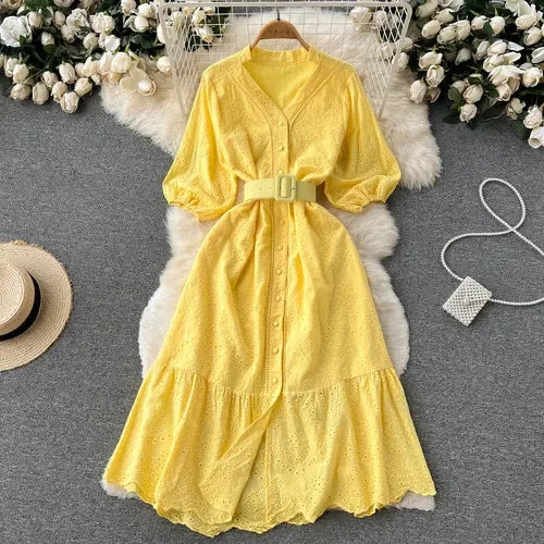 V-Neck Puff Sleeve Solid Summer Dress with Ruffles and Belt - Image 8