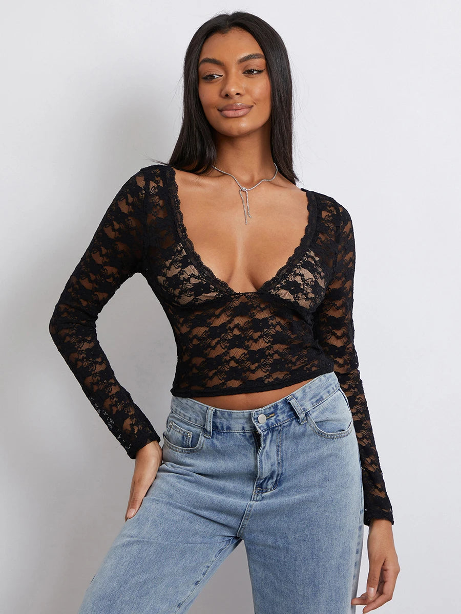 Sheer V-neck Long Sleeve Crop Top for Women Clubwear - Image 6