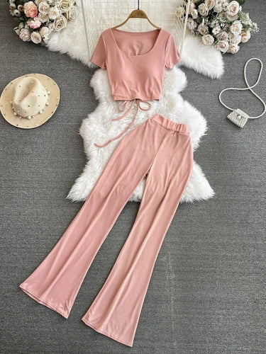 High-Waist Pant Set with Built-in Bra Tee, Korean Style - Image 4