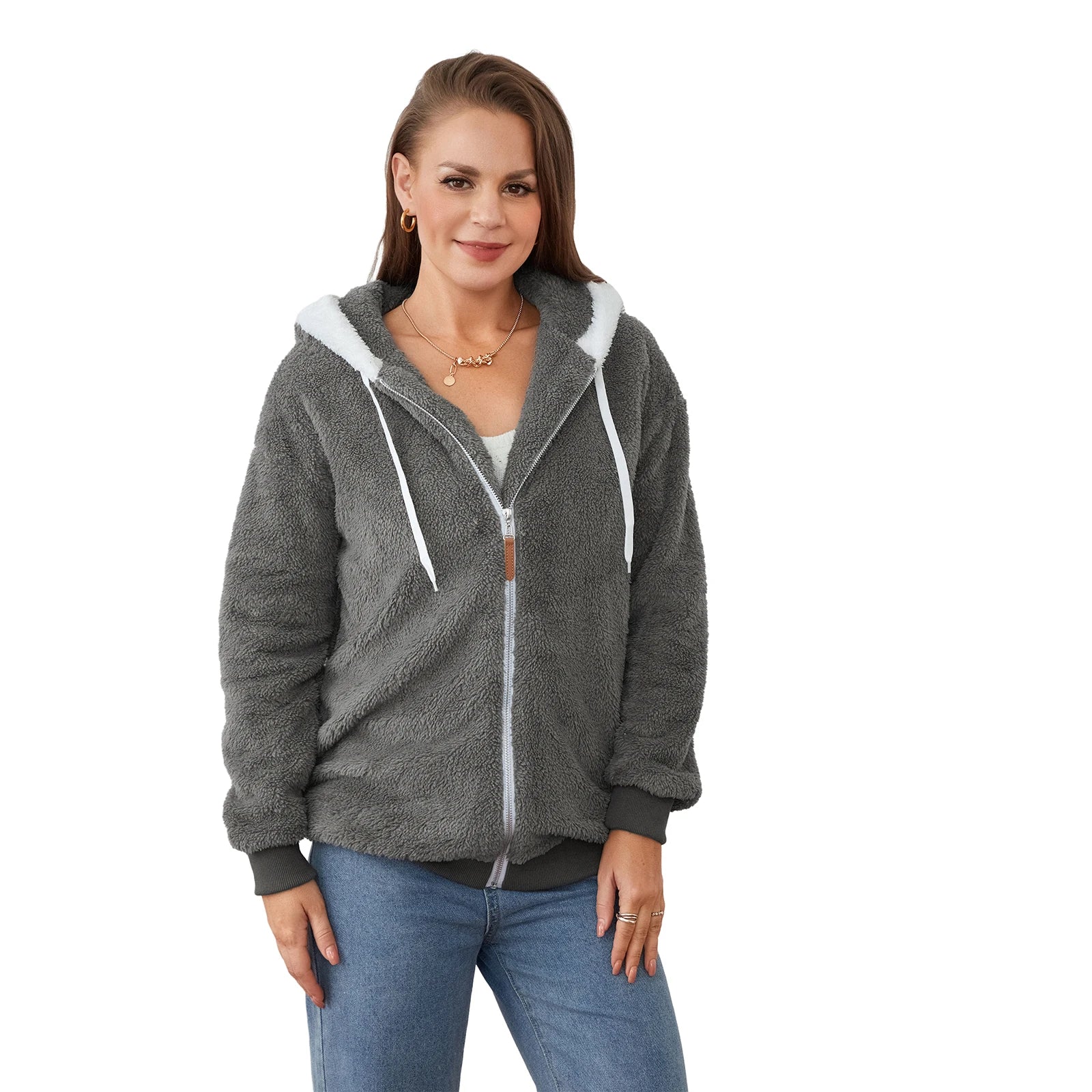 Winter Women's Fuzzy Hooded Jacket with Front Zipper - Image 13