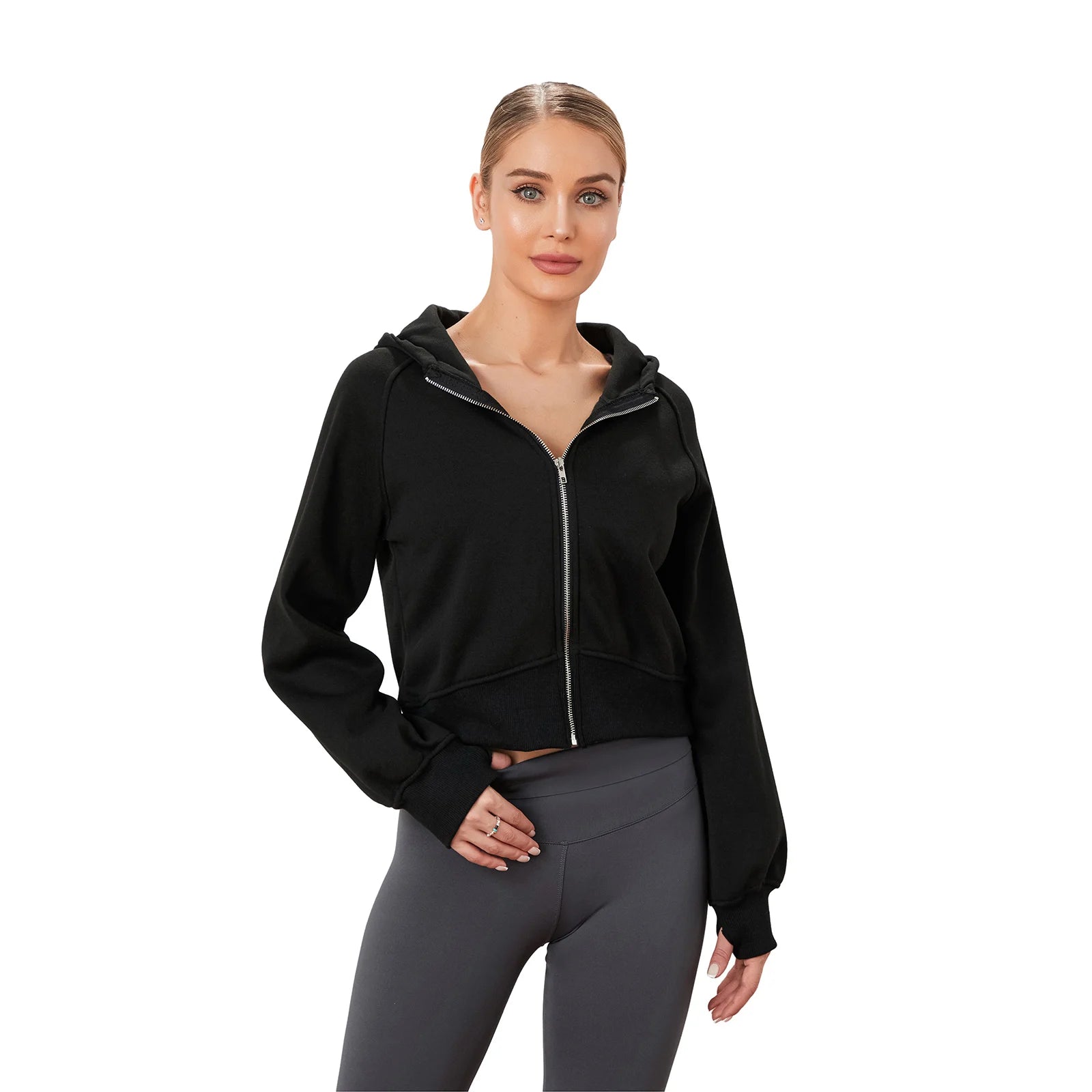 Solid Color Thumb Hole Zip-Up Hooded Sweatshirt Women's Loose Coat - Image 6