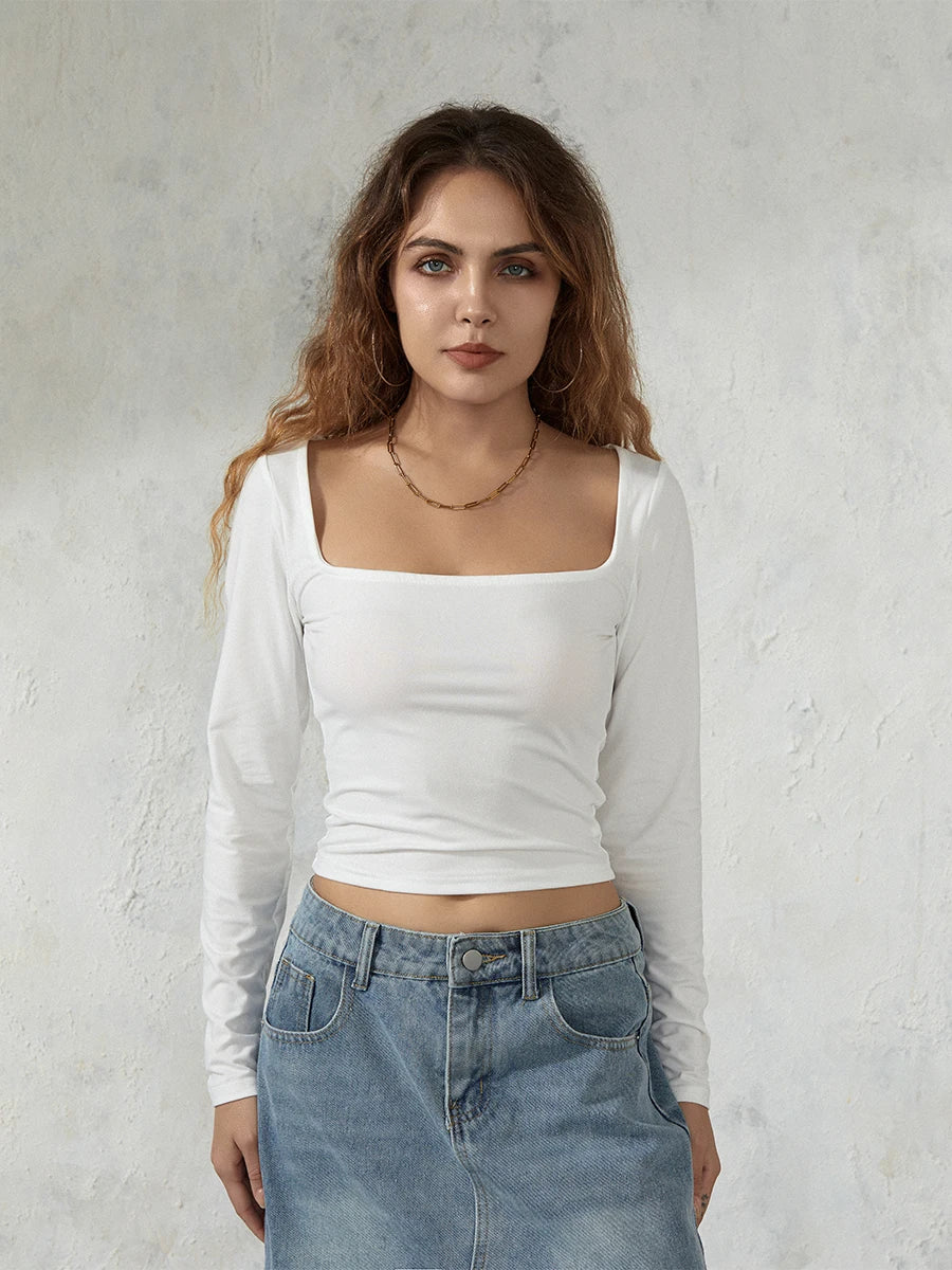 Square Neck Long Sleeve Basic T-Shirts Solid Color Crop Tops - Image 5