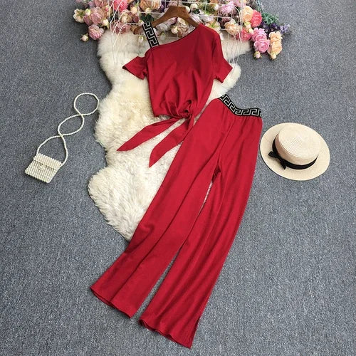 Skew Collar Short Shirt + Lace-up Pants Sets for Women - Image 13