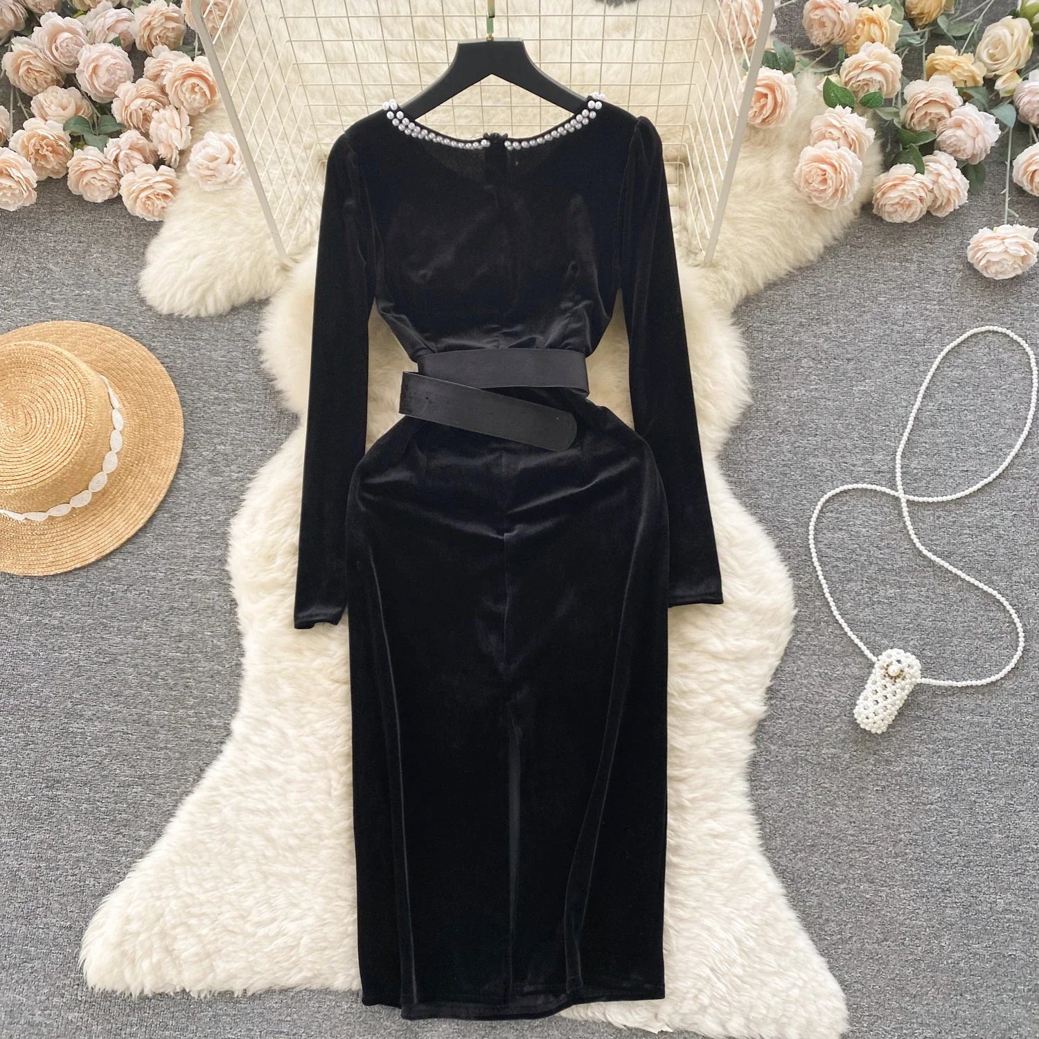 Womens Velour Pearl Dress with Belt, Long Sleeve, O Neck - Image 5
