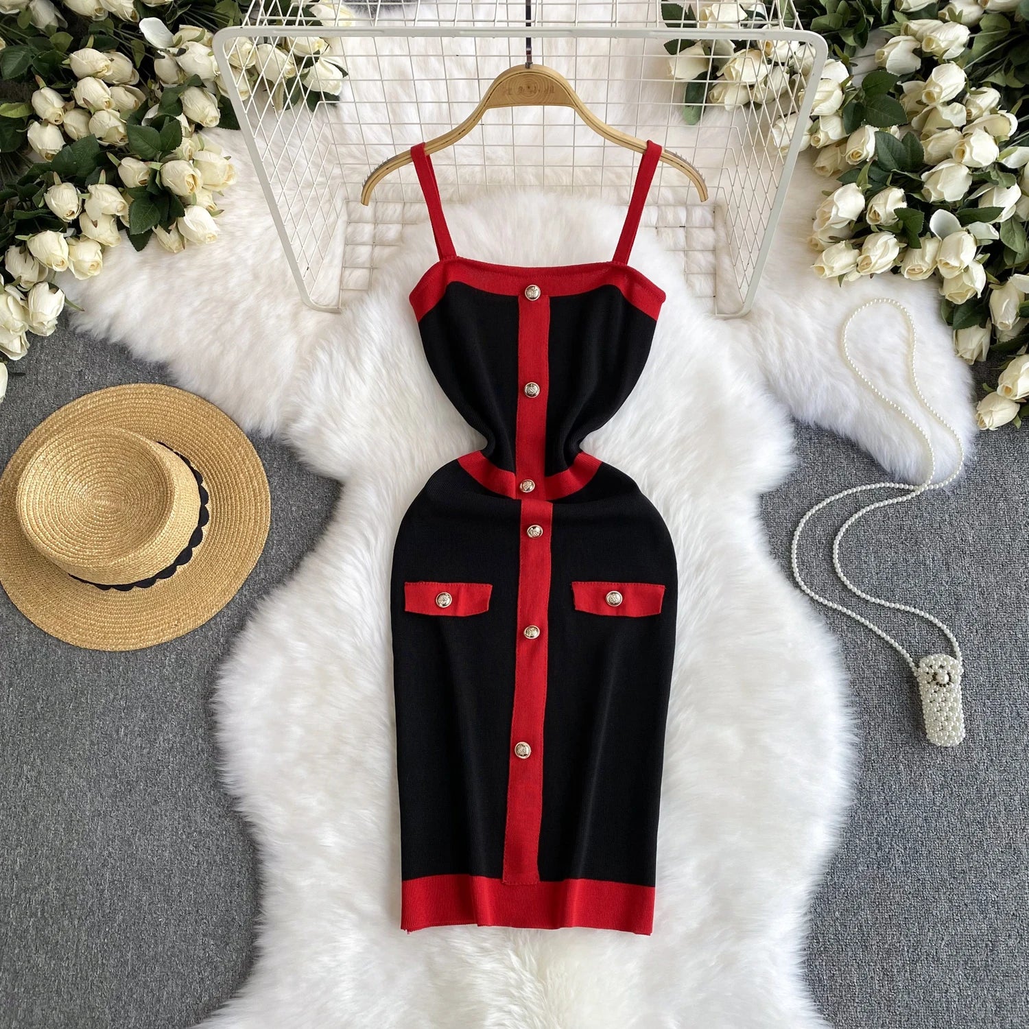 Square Collar Color-Block Dress Sleeveless Backless Knitwear Dropshipping
