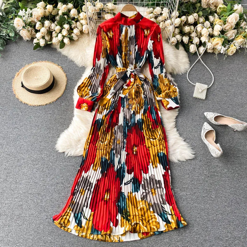 Printed Pleated Midi Dress with Stand-up Collar for Women - Image 3