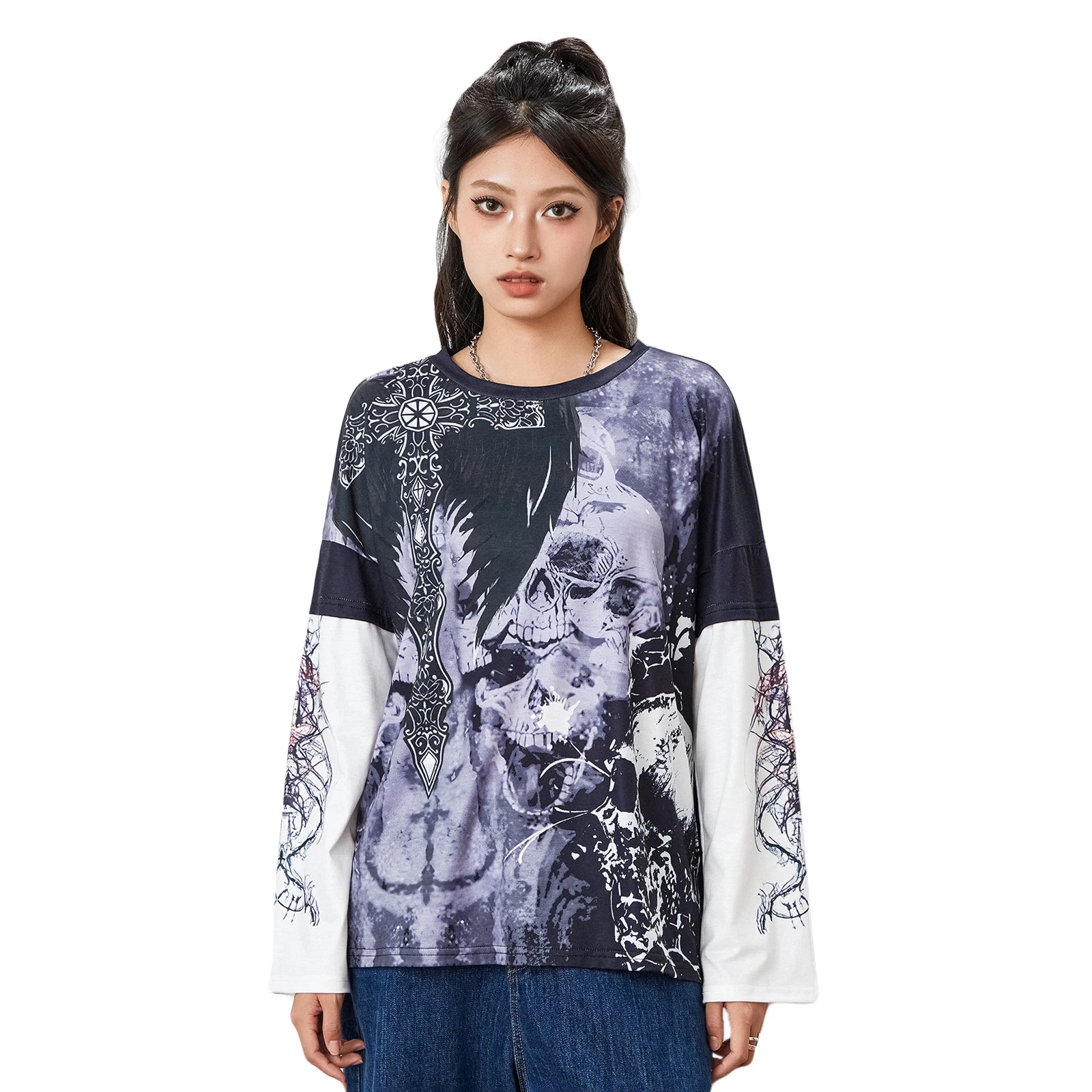Women's Grunge Skull Print Long Sleeve Top Streetwear Fashion - Image 2