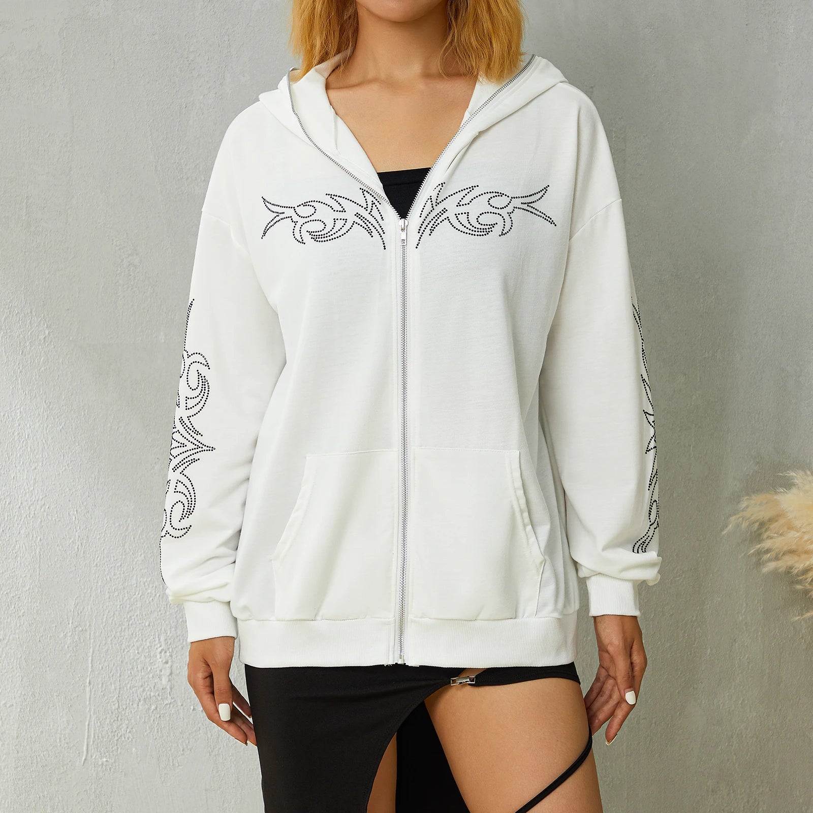 Hooded Rhinestone Coat with Abstract Pattern and Pockets