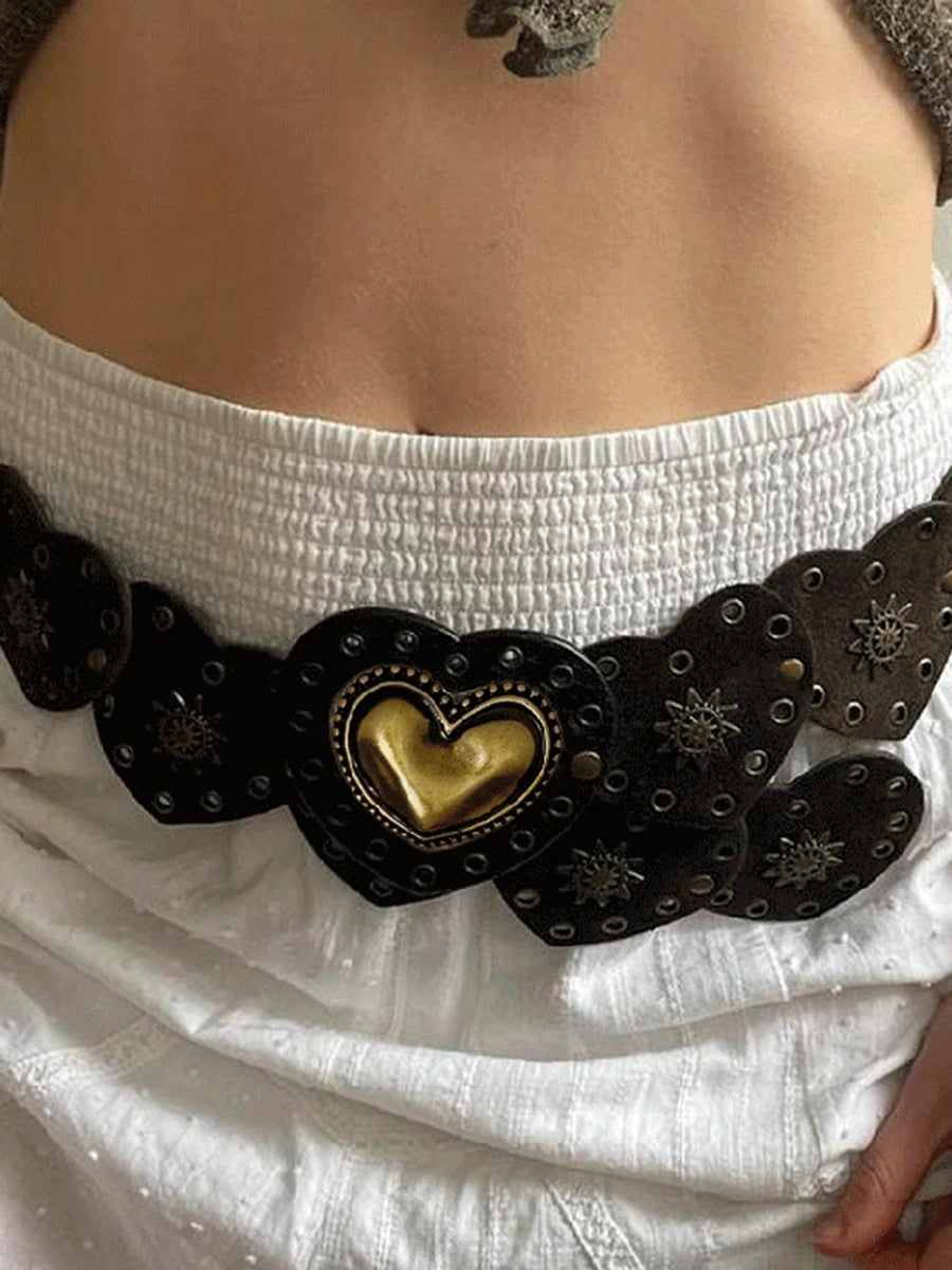 Women's Metallic Brown Heart Stud Eyelet PU Leather Wide Belt - Image 3