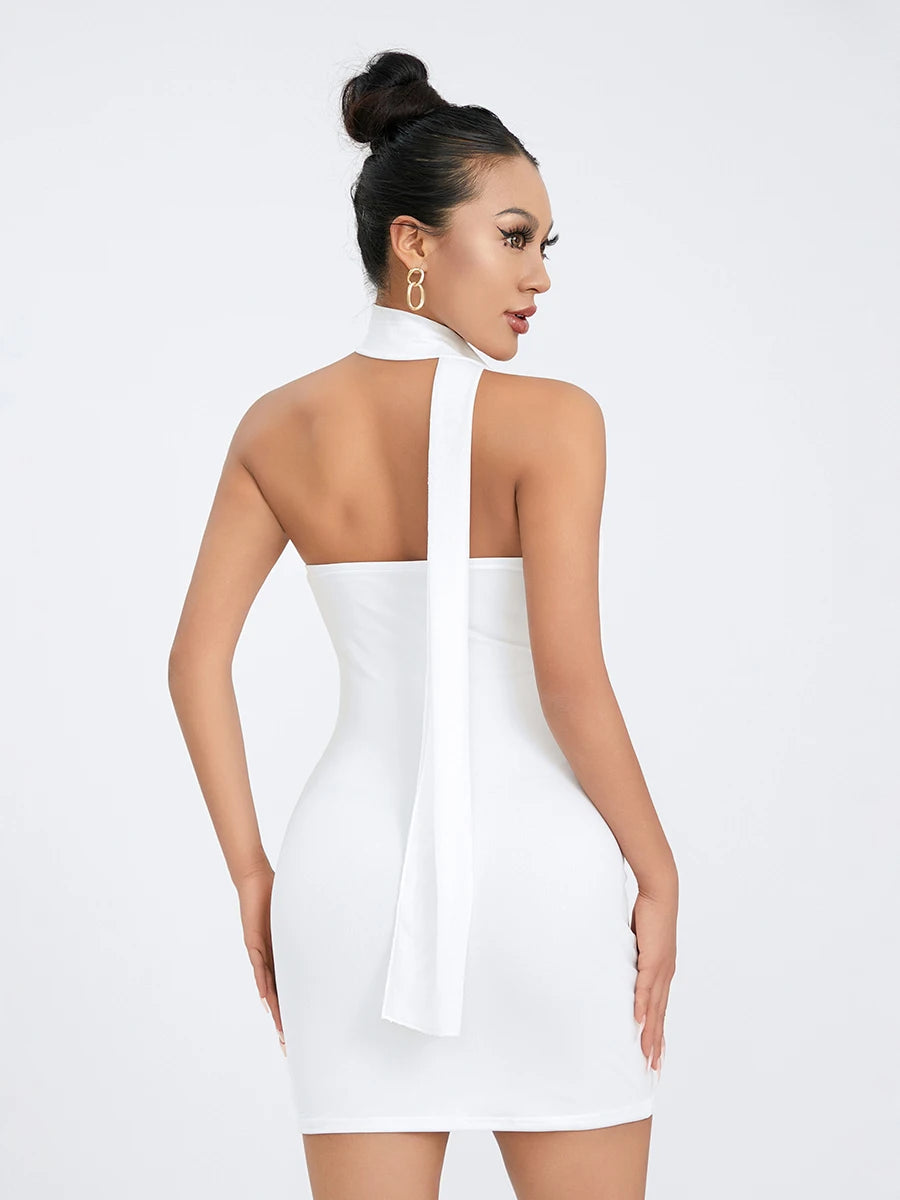 Summer Strapless Ruched Tube Dress with Long Silk Scarf - Image 3