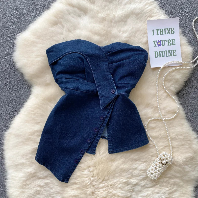 Denim Strapless Crop Top with Irregular Slit for Summer - Image 5