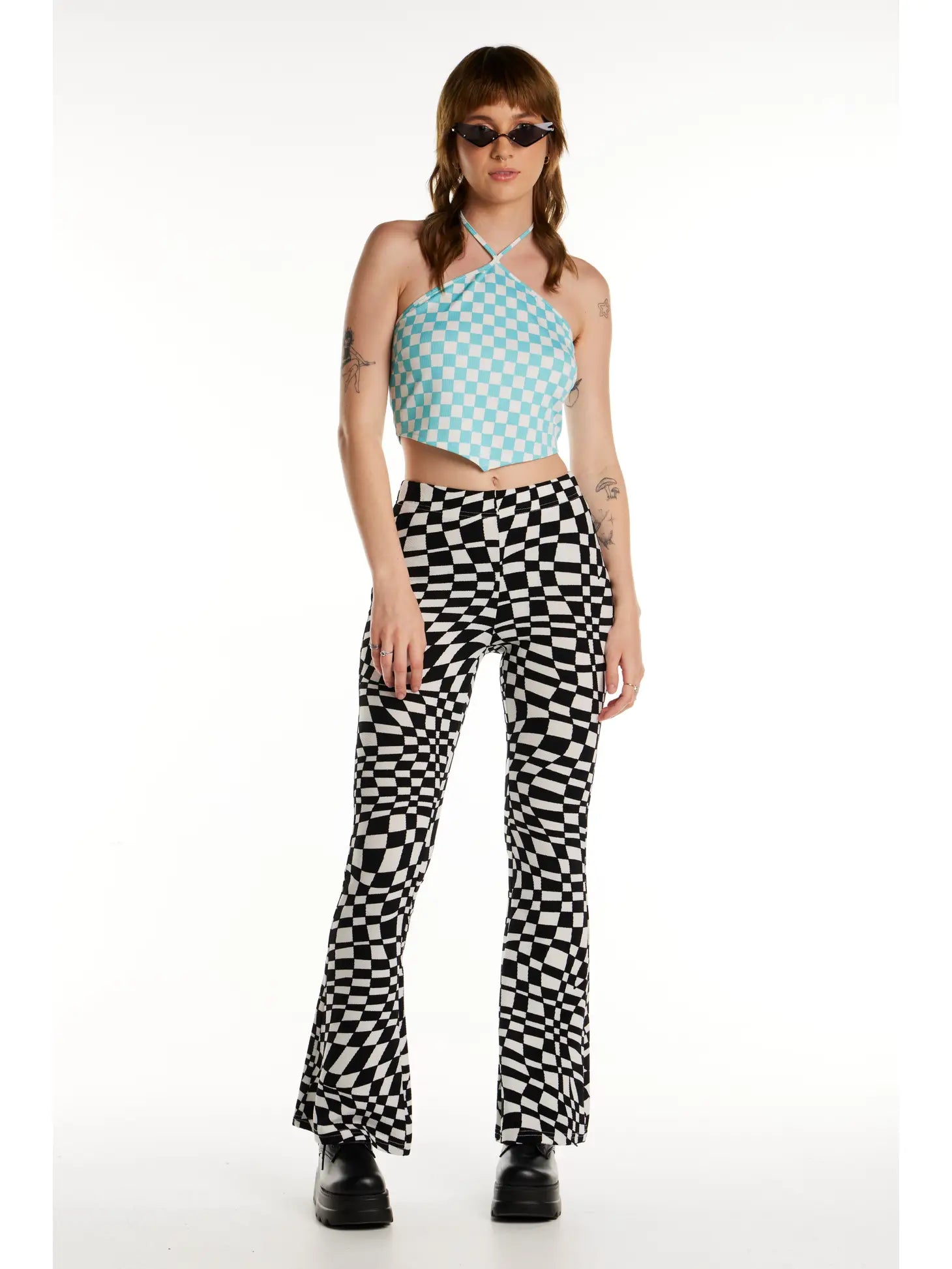 WARPED CHECKER PRINT FLARE PANTS