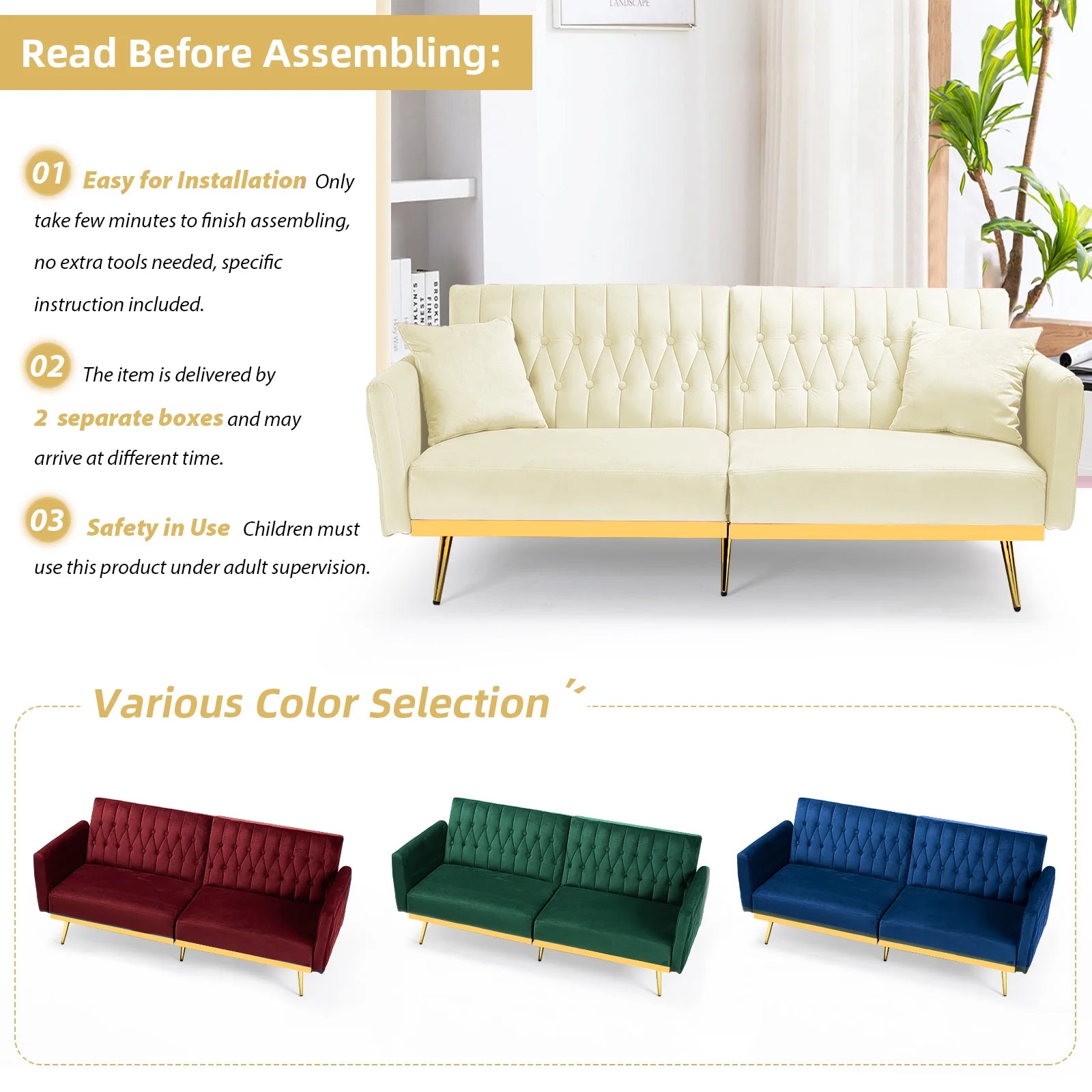 ACMEASE 70â?Velvet Futon Sofa Bed with Adjustable Armrests and 2 Pillows, Convertible Futon Couch, Ginger