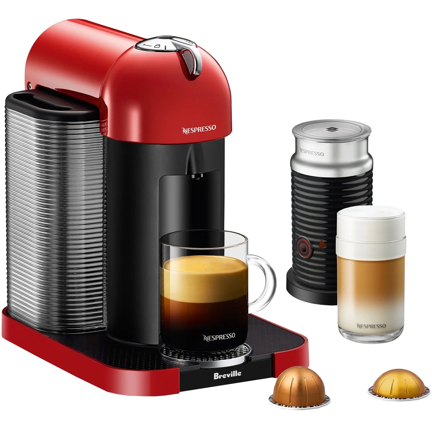 Breville Nespresso Vertuo Coffee & Espresso Single-Serve Machine in Matte Black and Aeroccino Milk Frother in Black