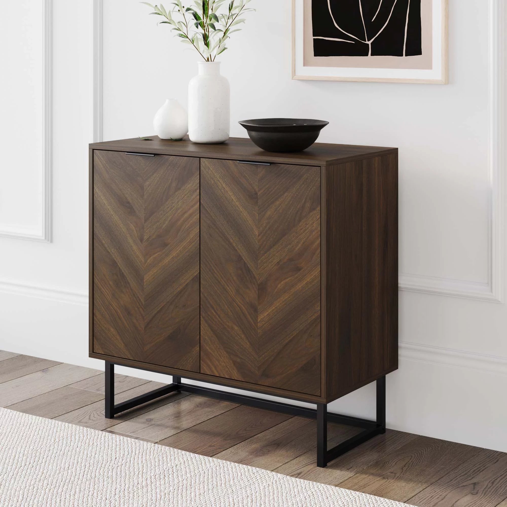 Nathan James Enloe White Frame Brown Rustic Doors Gold Base Free Standing Modern Storage Cabinet for Entryway