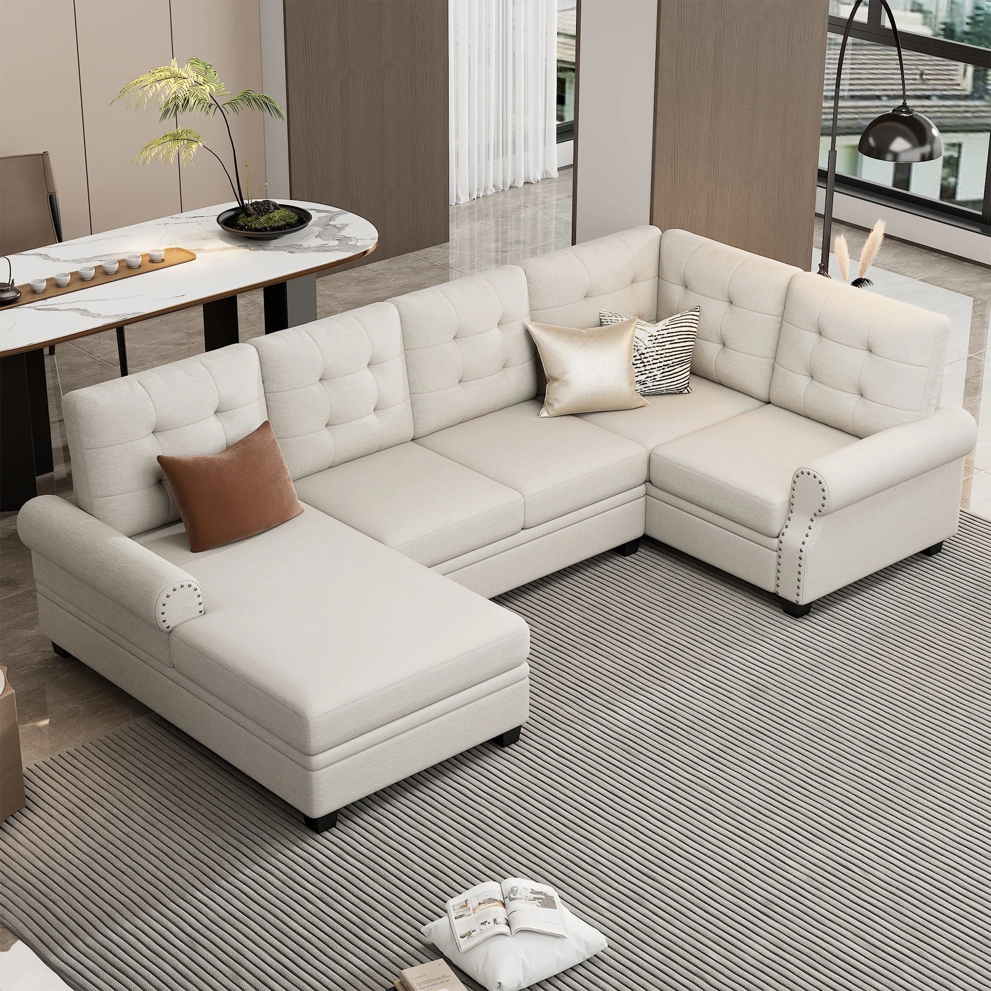 Euroco U-Shaped Sofa with Chaise Lounge, Linen Fabric Sofa Couch for Living Room, 120" Modern Sectional Sofa with 5 Seater, Gray