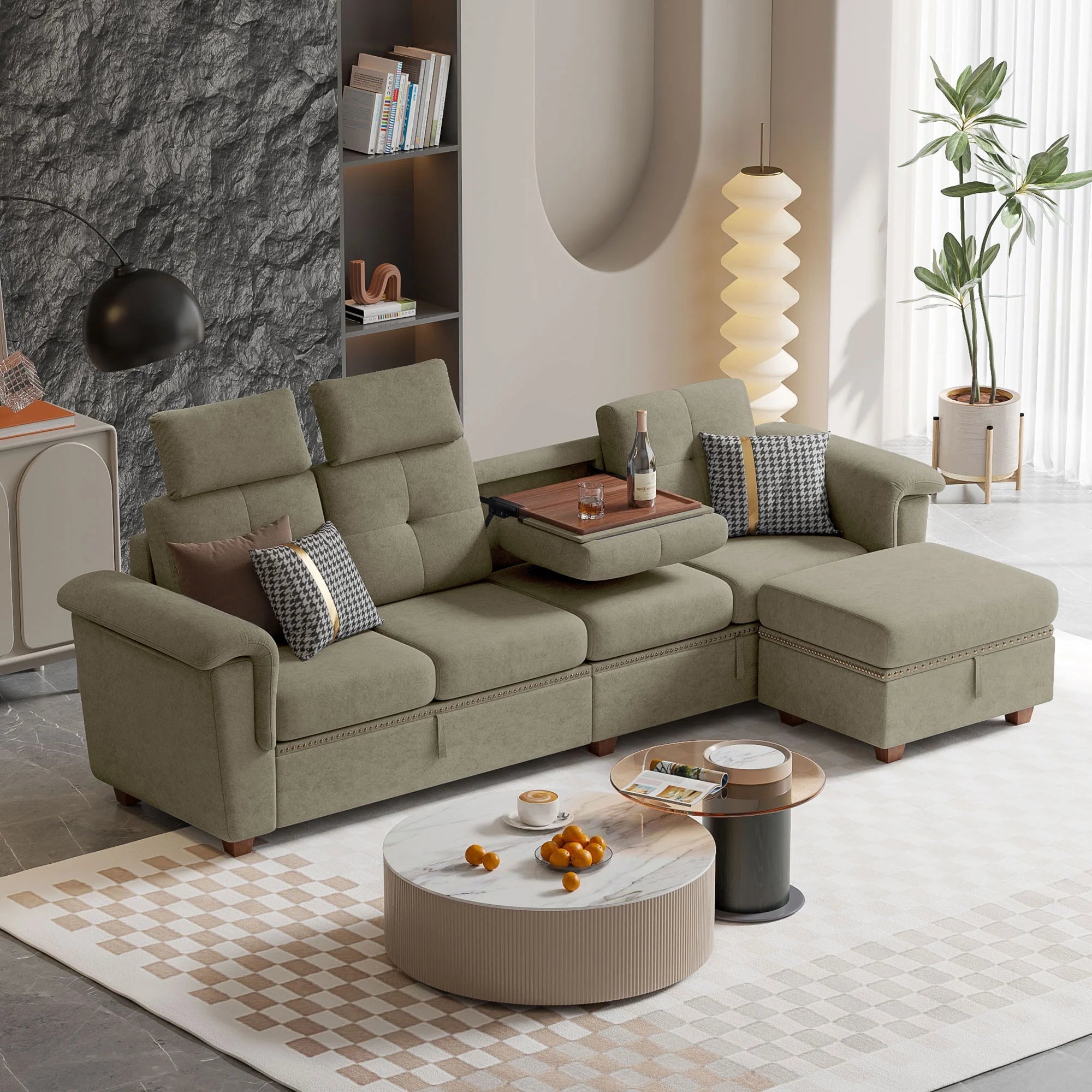 Jarenie Sectional Sofa, High Back Sectional Couch with Ottoman, Storage bag Storage ottoman, L-shaped Sofa with Extra Headrests, 4-Seat Convertible Sofa for Living Room, apartment, Light Gray.