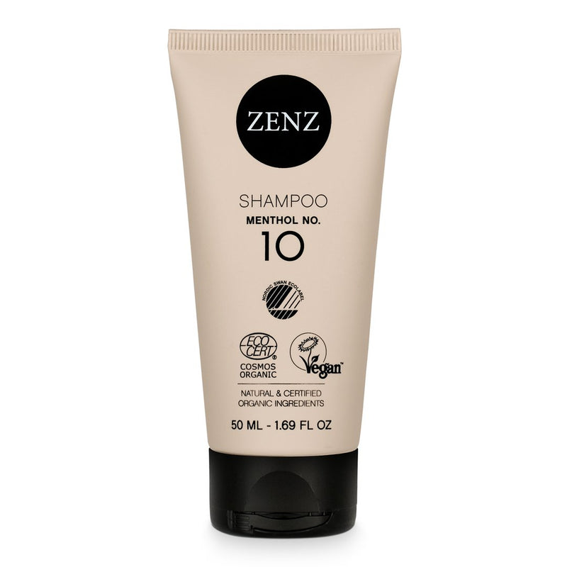 Nordic Swan Ecolabel und Bio-Shampoo Menthol Balsam No. 10 von ZENZ Organic Products mit zertifizierten Bio-Zutaten in Reisegröße 50 ml.