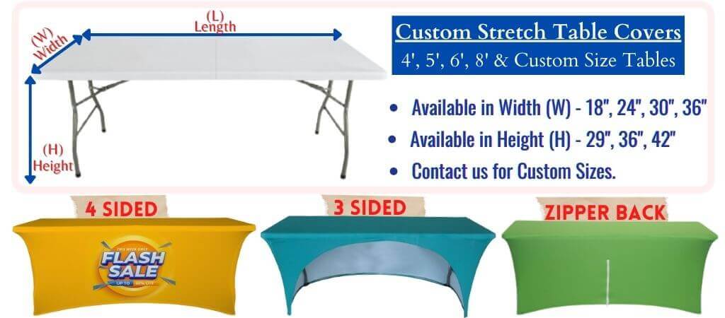 Buy durable and wrinkle-free stretchy spandex custom stretch table covers printed with your logo or design for 4 ft, 5 ft, 6 ft, and 8 ft tables. Get free shipping, a full-color dye sublimation logo imprint, all-over printing, free PMS brand color matching, and factory direct pricing when you order at WoW Imprints. Spandex table covers are available in water-proof, stain-resistant, and flame-retardant fabric options. These stretchy table covers are easy to care for and machine washable.