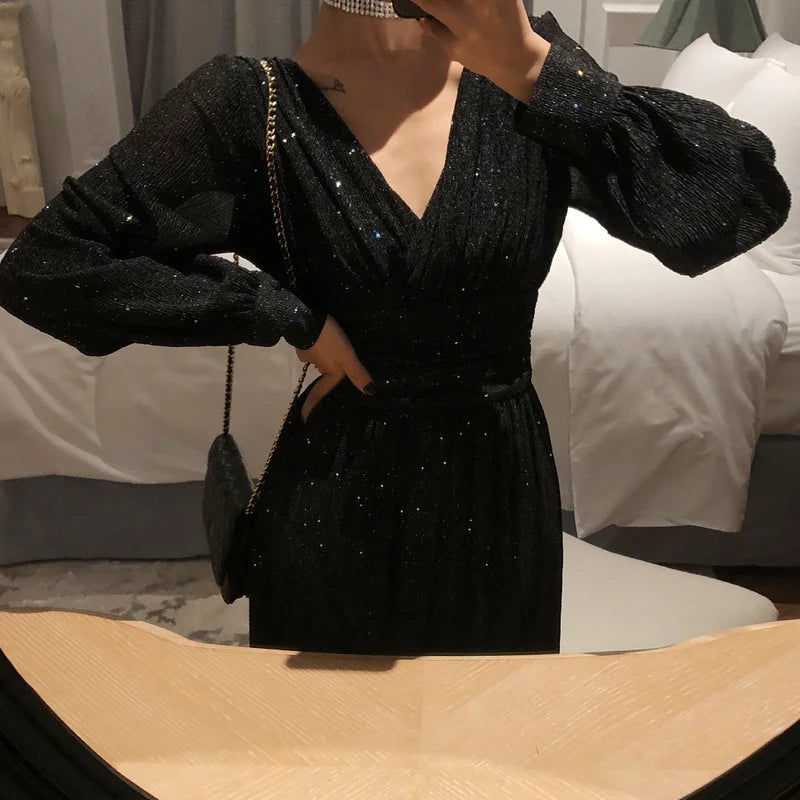 Lizakosht Brand New Women Elegant Dress High Quality V-neck Long Sleeve Glitter Dress Sexy Dresses Party Night Club Dress Vestidos - Image 8