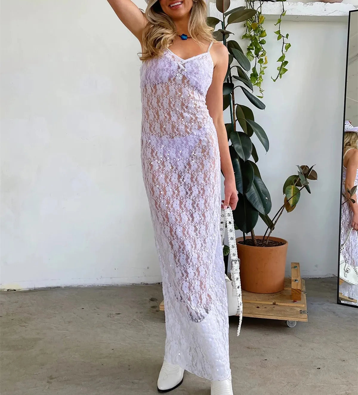 Lizakosht Fairy Coquette Bodycon Long Dress Spaghetti Straps V-neck Backless See-through Lace Slit Summer Maxi Dress Women Vestidos - Image 10